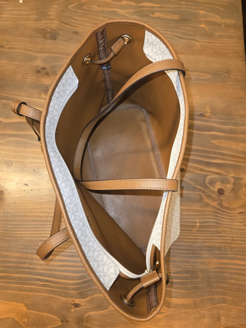 Michael Kors Beige Signature MK Tote with Brown Trim and Gold Hardware - Picture 2 of 2